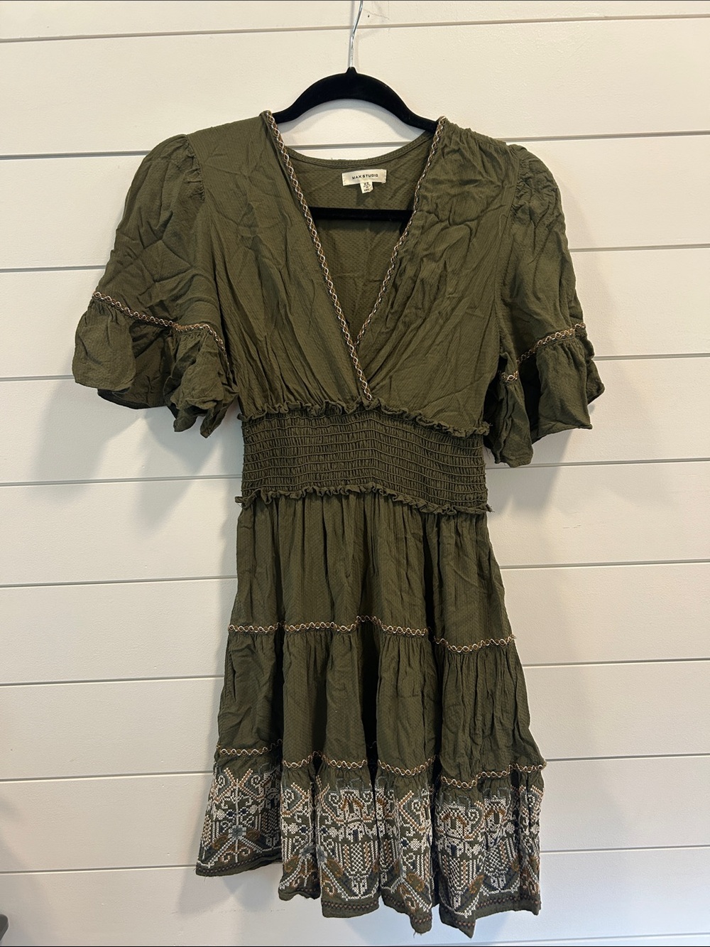 Max Studio Olive Green Embroidered Smocked Waist Mini Dress